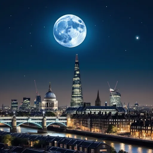 Prompt: (Super Blue Moon), breathtaking starry sky, iconic London skyline, dazzling astronomical scene, rich blue and silver hues, crisp detail, mesmerizing celestial display, ethereal and vivid, high-quality astrophotography, (ultra-detailed), enchanting ambiance, soft illumination from the moon, tranquil night mood, vast universe backdrop, balanced composition, shooting stars for added magic.