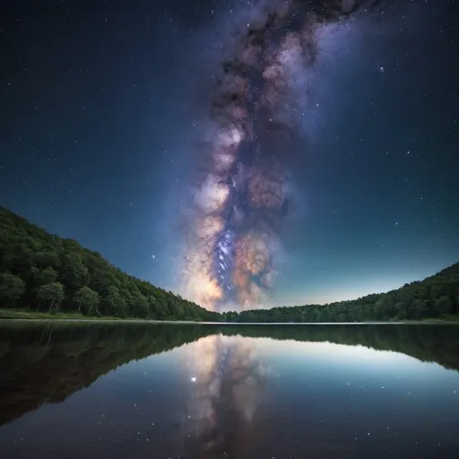 Prompt: Milky Way Galaxy on a night sky full of stars and serene lake reflection of the Milky Way and the stars