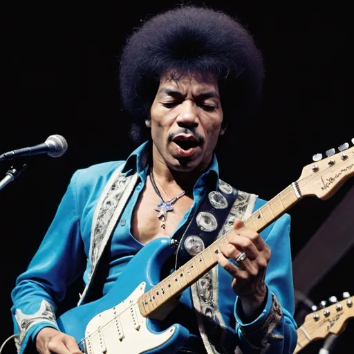 Prompt: Jimi Henrix singing on his famous electric guitar blue and black