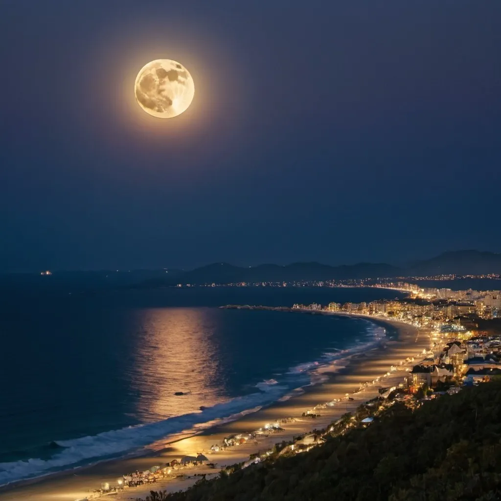 Prompt: super harvest moon seen with a panoramic view of the beach seen from the top of a mountain