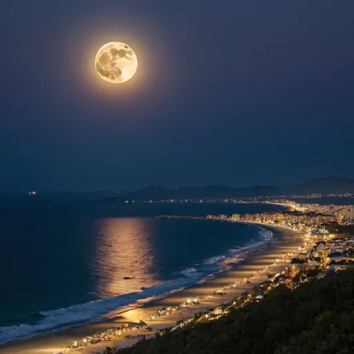 Prompt: super harvest moon seen with a panoramic view of the beach seen from the top of a mountain