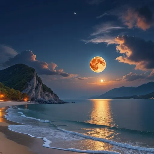 Prompt: (landing scene) super harvest moon, panoramic view, serene beach vista, view from the top a majestic mountain looking in front, twilight hues, vibrant orange and deep blue skies, reflective moonlight shimmering on water, dramatic clouds, tranquil atmosphere, high-quality 4K image, captivating landscape, harmonious colors blending beautifully, evoking peace and wonder.