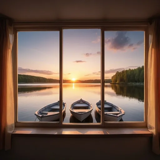 Prompt: high resolution, 4k, detailed, high quality, professional, wide view, sunset looking from 2 windows opened at a  lake with boats
