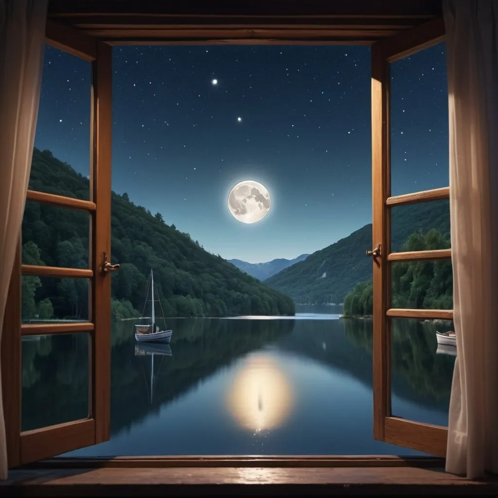 Prompt: high resolution, 4k, detailed, high quality, professional, wide view, night sky with a moon and stars looking from an opened window opened at a  lake with boats