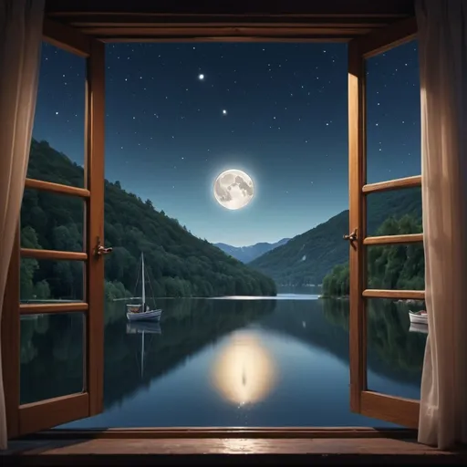 Prompt: high resolution, 4k, detailed, high quality, professional, wide view, night sky with a moon and stars looking from an opened window opened at a  lake with boats