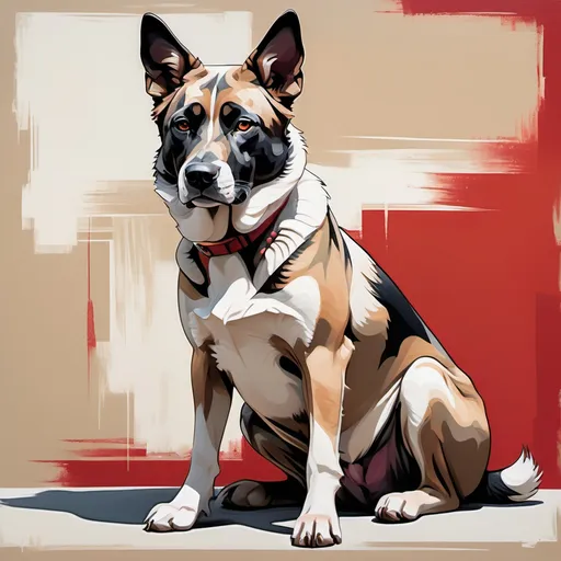 Prompt: A modern, artistic interpretation of a full body canine portrait with a bold, graphic quality reminiscent of traditional East Asian art. The dog is sitting against an abstract background painted in shades of red and beige. The dog appears to have a calm expression, with pointed ears and a combination of white, gray, and black fur. The background consists of brush strokes that create a textured effect, with the red area being dominant but somewhat uneven.