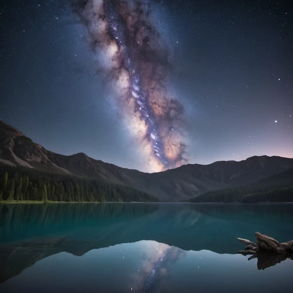 Prompt: Milky Way Galaxy on a night sky and serene lake reflection