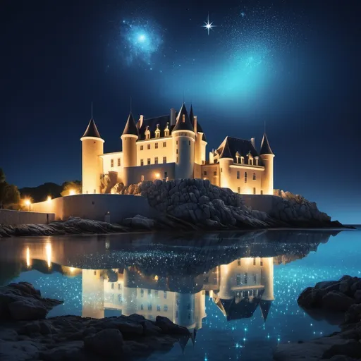 Prompt: Depict a magical nighttime scene at the Chateau d'If, featuring glowing stars and glittering water.