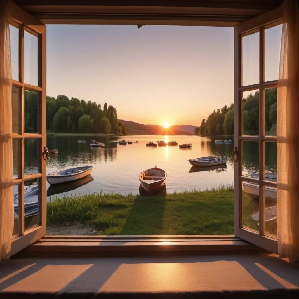 Prompt: high resolution, 4k, detailed, high quality, professional, wide view, sunset looking from an opened window opened at a  lake with boats