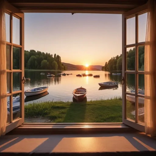 Prompt: high resolution, 4k, detailed, high quality, professional, wide view, sunset looking from an opened window opened at a  lake with boats