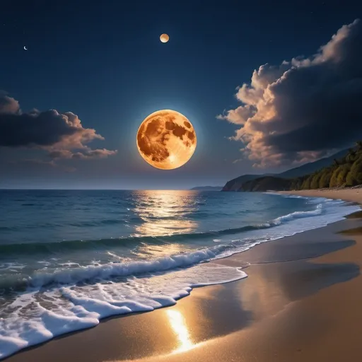 Prompt: (landing scene) super harvest moon, panoramic view, serene beach vista, atop a majestic mountain, twilight hues, vibrant orange and deep blue skies, reflective moonlight shimmering on water, dramatic clouds, tranquil atmosphere, high-quality 4K image, captivating landscape, harmonious colors blending beautifully, evoking peace and wonder.