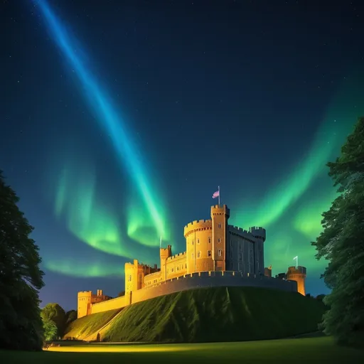 Prompt: Dazzling Perseid meteor shower and Northern Lights above Windsor Castle