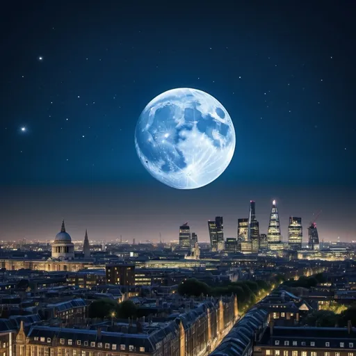 Prompt: (Super Blue Moon), breathtaking starry sky, iconic London skyline, dazzling astronomical scene, rich blue and silver hues, crisp detail, mesmerizing celestial display, ethereal and vivid, high-quality astrophotography, (ultra-detailed), enchanting ambiance, soft illumination from the moon, tranquil night mood, vast universe backdrop, balanced composition, shooting stars for added magic.