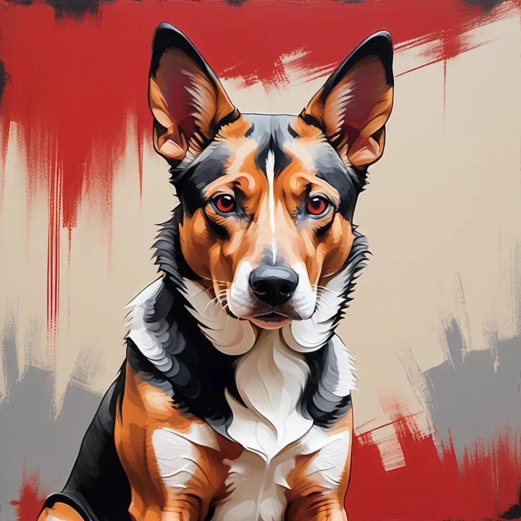 Prompt: A modern, artistic interpretation of a canine portrait with a bold, graphic quality reminiscent of traditional East Asian art. The dog is sitting against an abstract background painted in shades of red and beige. The dog appears to have a calm expression, with pointed ears and a combination of white, gray, and black fur. The background consists of brush strokes that create a textured effect, with the red area being dominant but somewhat uneven.