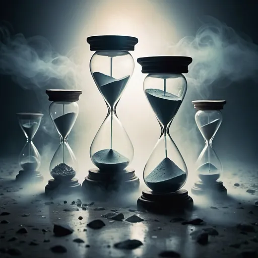 Prompt: Fragmented clocks and hourglasses dissolving into mist, fleeting time concept, impermanence of existence, high quality, misty, surreal, fragmented clocks, hourglasses, time concept, impermanence, fading, surreal, detailed, dreamy lighting