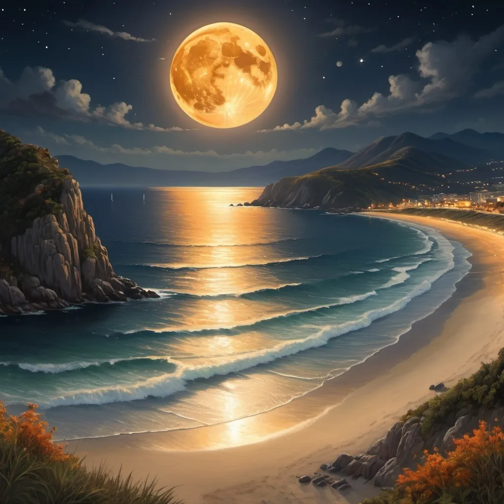 Prompt: (super harvest moon), panoramic view of a beach from a mountain top, realism style, (warm color scheme), glowing orange and yellow hues, vast ocean reflecting moonlight, soft waves lapping against the shore, rugged mountain landscape with lush greenery, tranquil and serene ambiance, (high detail), HD, stunning composition showcasing nature's beauty, enchanting night sky scattered with stars.