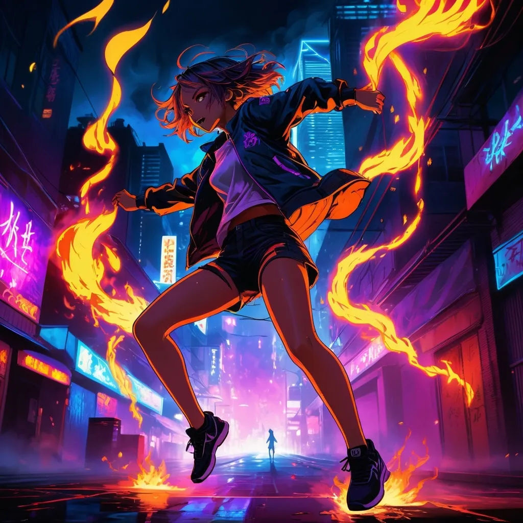 Prompt: (2D illustration), anime style, manga, girl jumping, dark atmosphere, neon lights, urban cityscape, flames illuminating the scene, vivid colors, dynamic pose, dramatic and moody ambiance, capturing the essence of movement and emotion, high detail, ultra-detailed, cinematic depth, evocative background elements, electrifying contrasts between fire and neon, immersive environment.