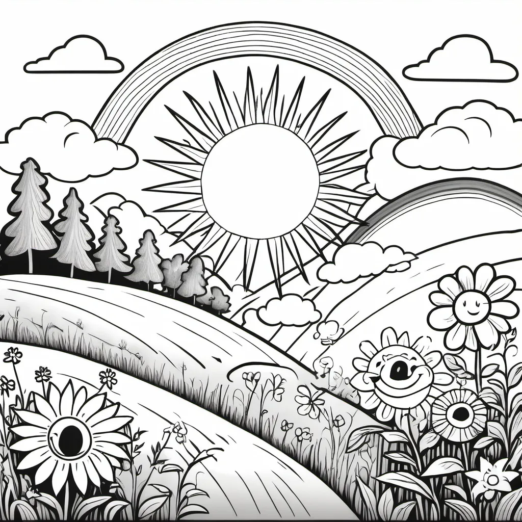 Prompt: Nature & Outdoors: "A black-and-white sketch of a happy sun shining over rolling hills, trees, flowers, and a rainbow. No color, simple outlines for a children's coloring book."