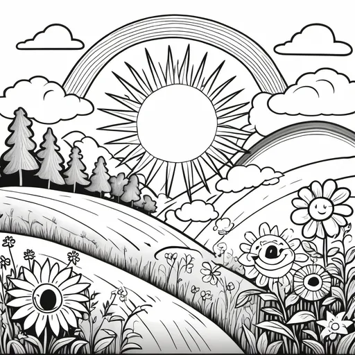 Prompt: Nature & Outdoors: "A black-and-white sketch of a happy sun shining over rolling hills, trees, flowers, and a rainbow. No color, simple outlines for a children's coloring book."