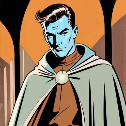 Prompt: Silk screen comic book illustration, male wizard wearing a robed mantle, brown pompadour haircut, pale, 1960s retro futurism