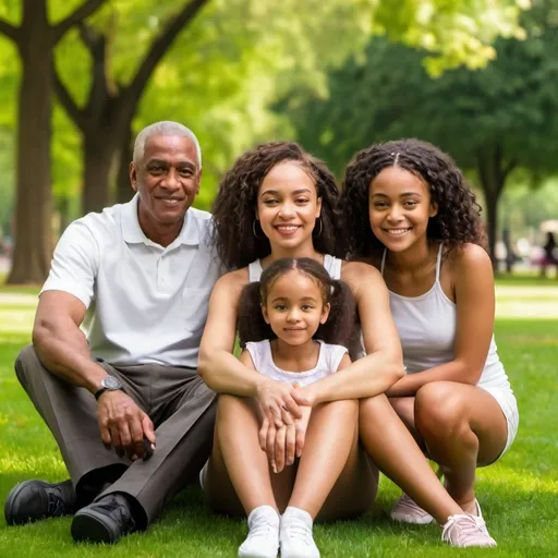 Prompt: A light skinned black female, age 20 is sitting in the park. She is with her mom, dad and younger sister.