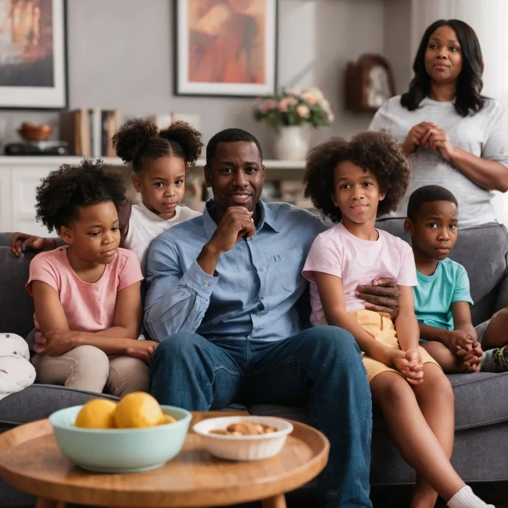 Prompt: A black man is sitting on the couch with his wife and 5 kids.