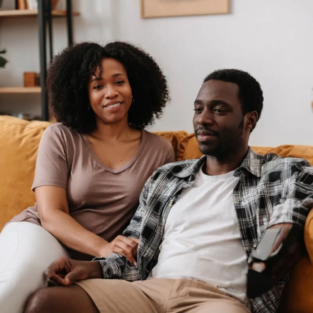 Prompt: A black man is sitting on the couch with his wife.