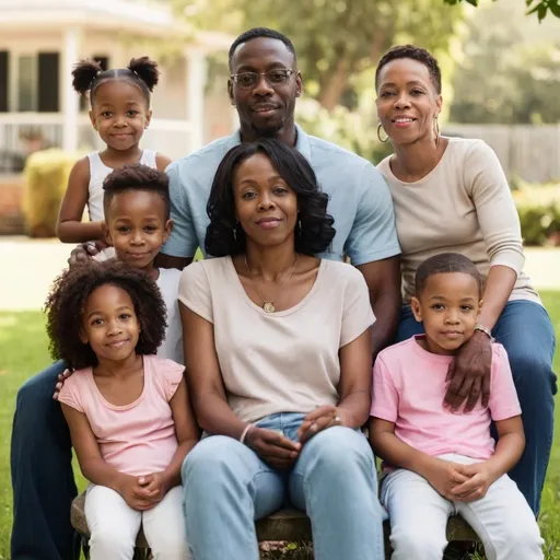 Prompt: A black couple, age 40 is sitting with their 5 kids.