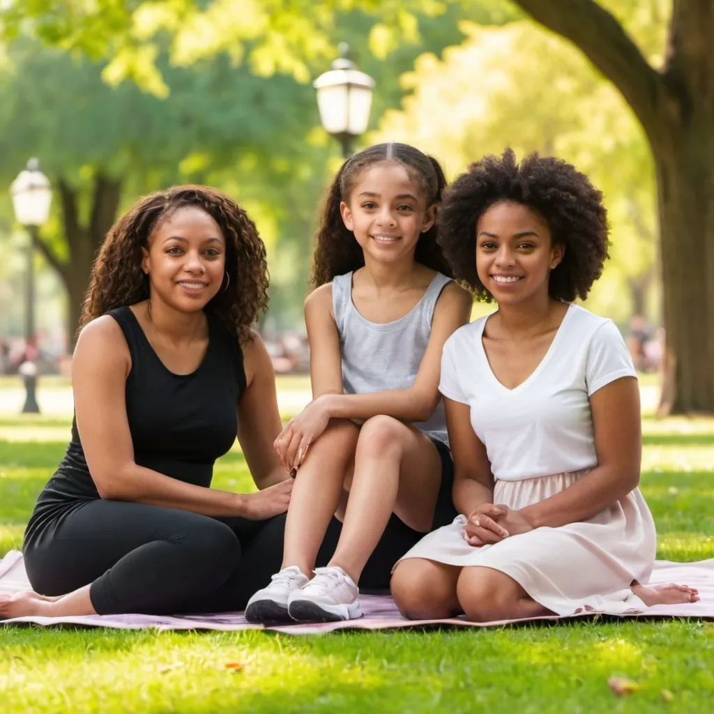 Prompt: A light skinned black female, age 20 is sitting in the park. She is with her parents and younger sister.