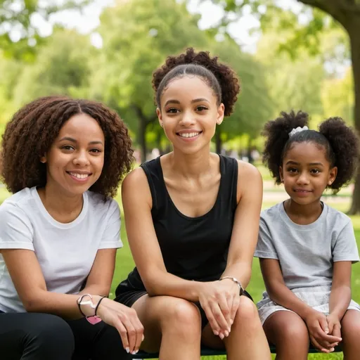 Prompt: A light skinned black female, age 20 is sitting in the park. She is with her parents and younger sister.