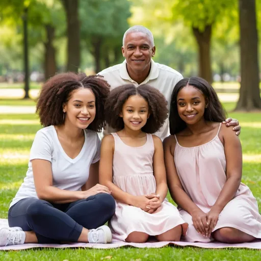 Prompt: A light skinned black female, age 20 is sitting in the park. She is with her mom, dad and younger sister.