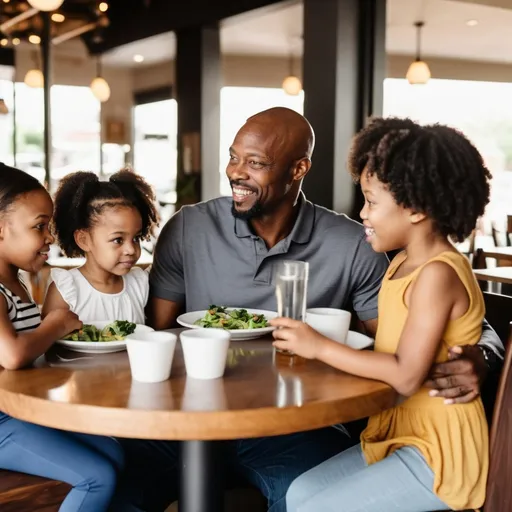 Prompt: A black couple, age 40 is at the restaurant with their 5 kids.