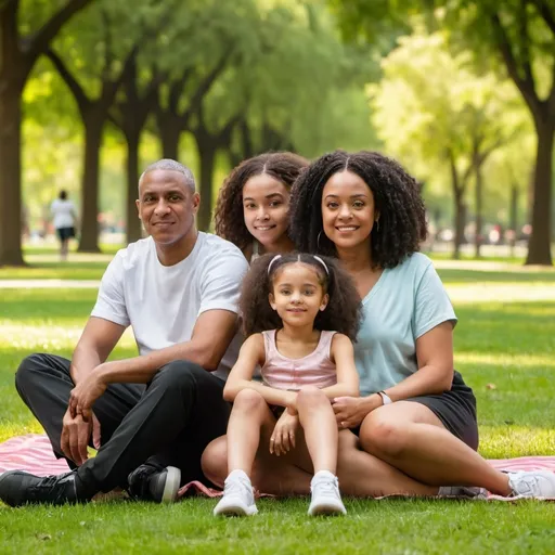 Prompt: A light skinned black female, age 20 is sitting in the park. She is with her mom, dad and younger sister.