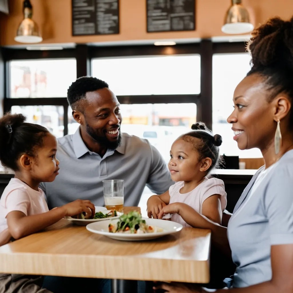 Prompt: A black couple, age 40 is at the restaurant with their 5 kids.