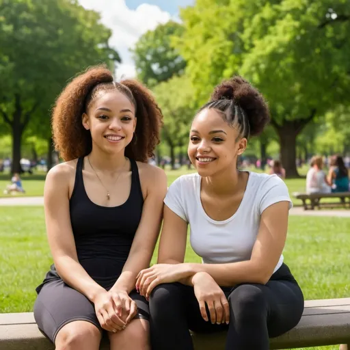 Prompt: A light skinned black female, age 20 is sitting in the park. She is with her younger sister.