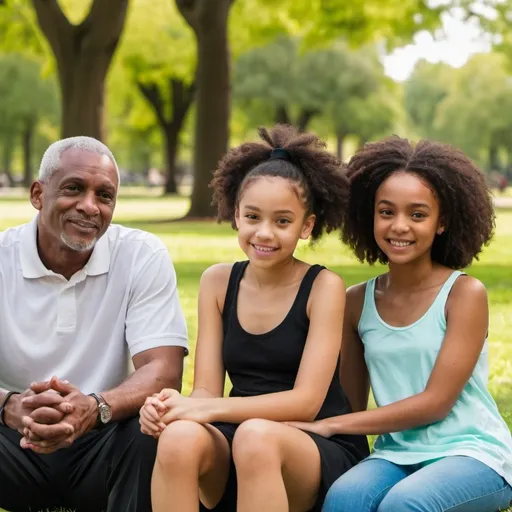 Prompt: A light skinned black female, age 20 is sitting in the park. She is with her mom, dad and younger sister.