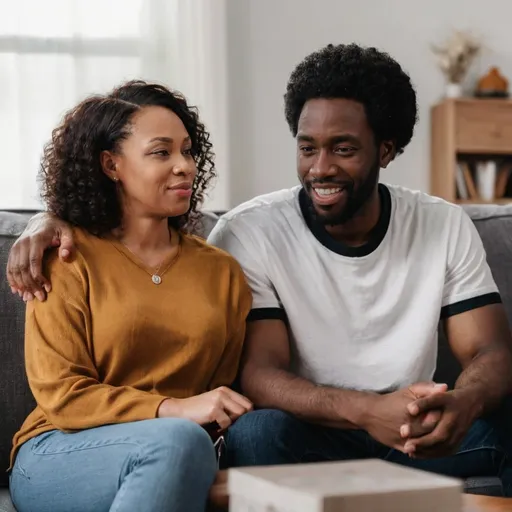 Prompt: A black man is sitting on the couch with his wife.