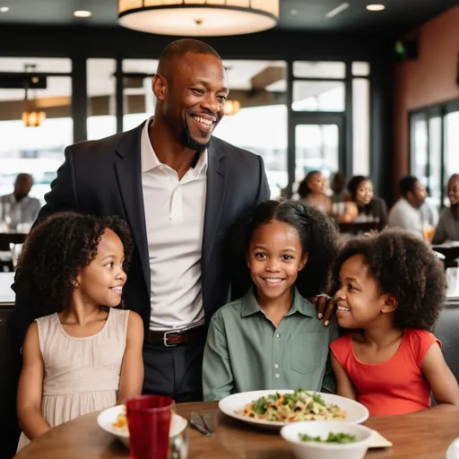 Prompt: A black couple, age 40 is at the restaurant with their 5 kids.