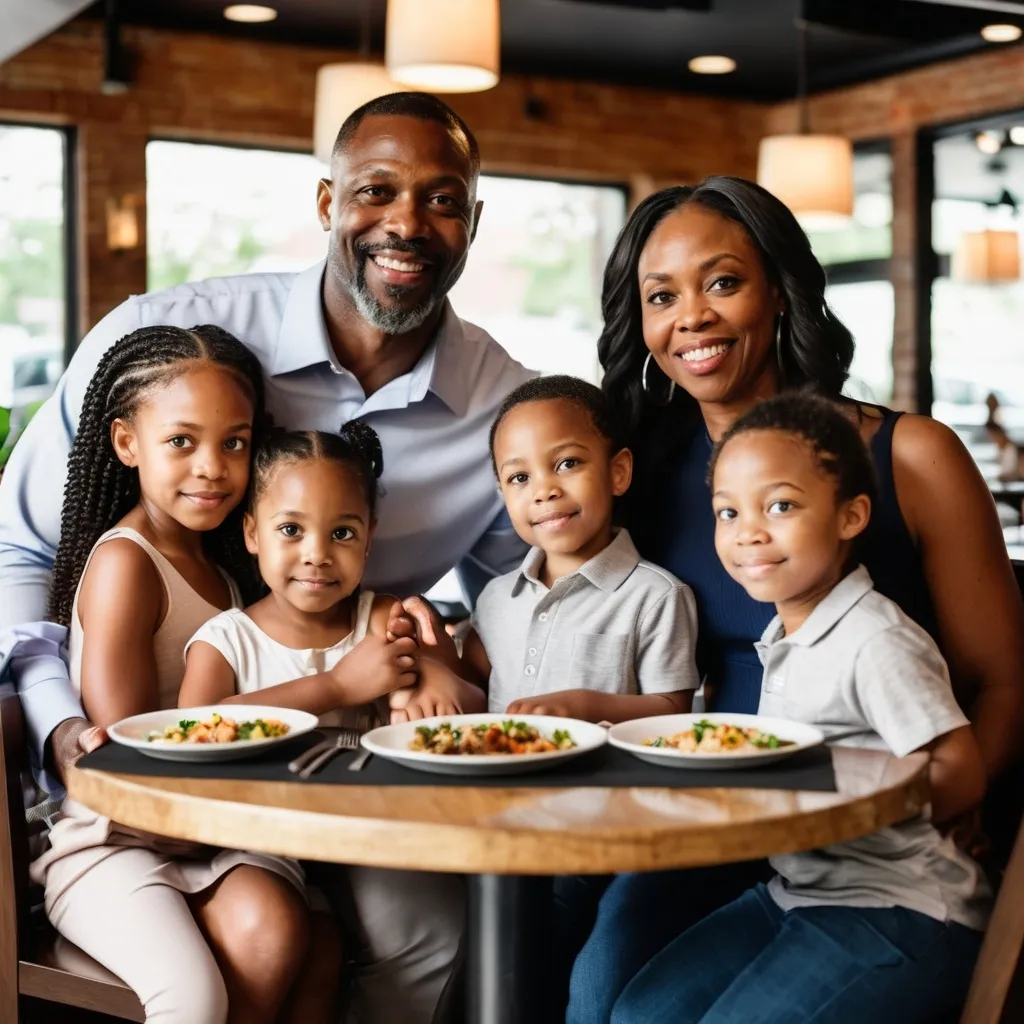 Prompt: A black couple, age 40 is at the restaurant with their 5 kids.