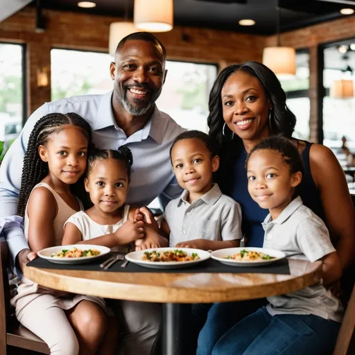 Prompt: A black couple, age 40 is at the restaurant with their 5 kids.