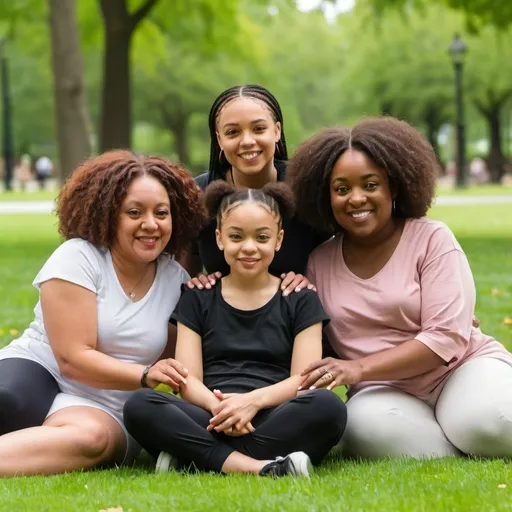 Prompt: A light skinned black female, age 20 is sitting in the park. She is with her parents and younger sister.