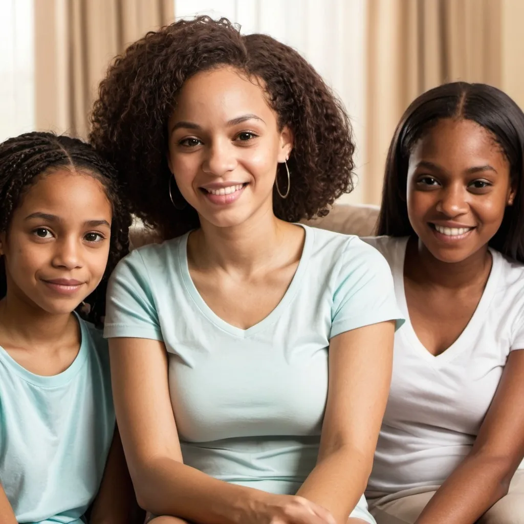 Prompt: A light skinned black female, age 20 is sitting at home. She is with her mom, dad and younger sister.