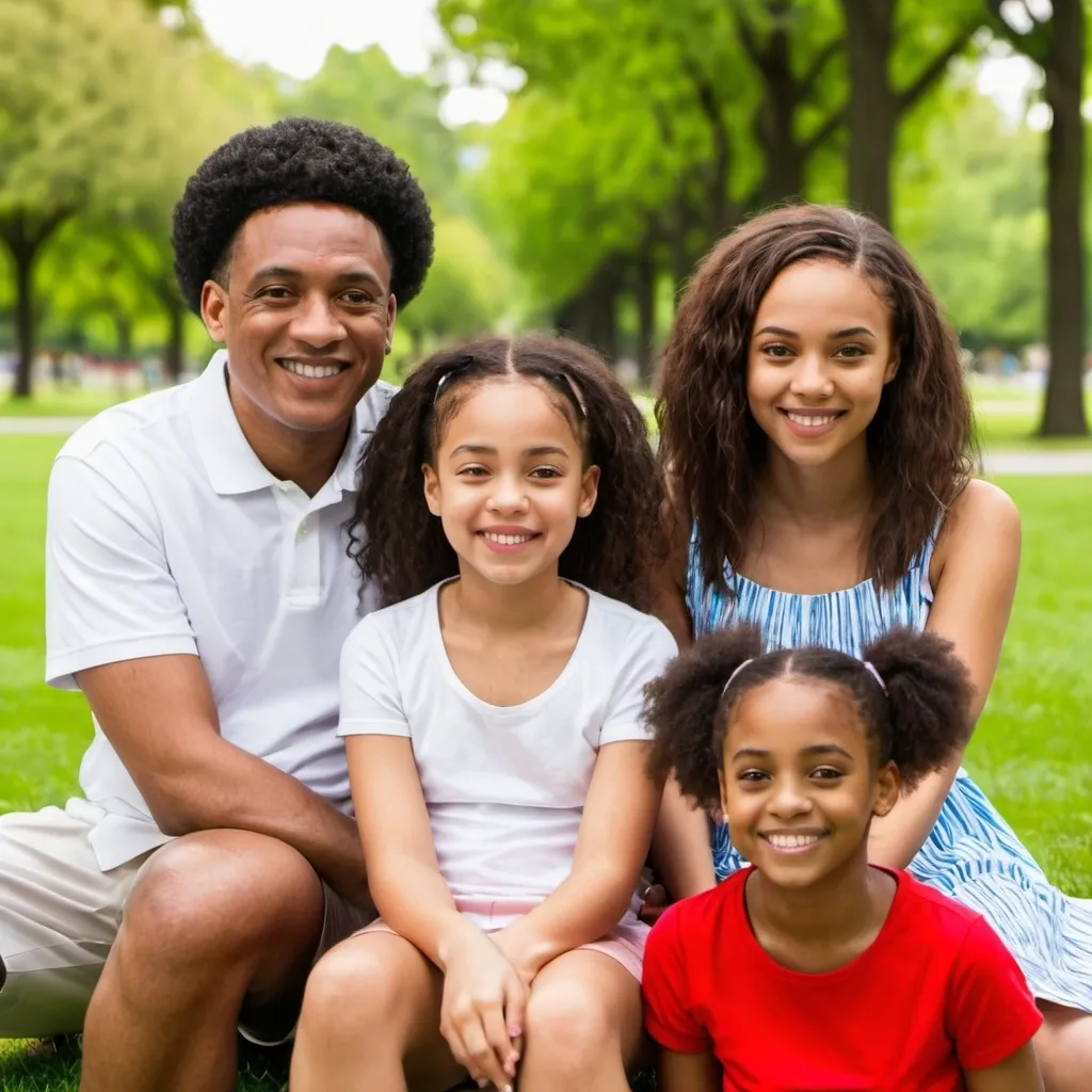 Prompt: A light skinned black female, age 20 is sitting in the park. She is with her mom, dad and younger sister.