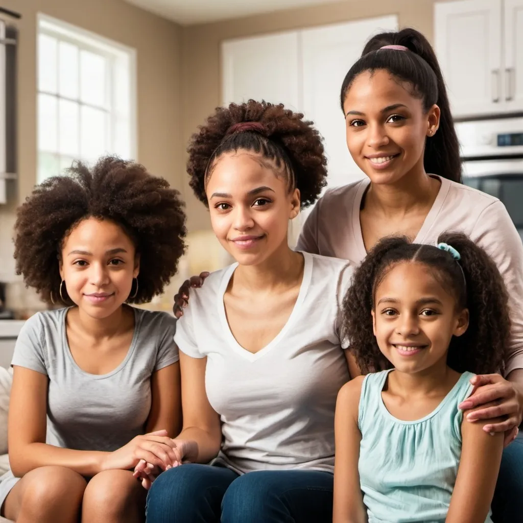 Prompt: A light skinned black female, age 20 is sitting at home. She is with her mom, dad and younger sister.