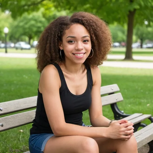 Prompt: A light skinned black female, age 20 is sitting in the park.