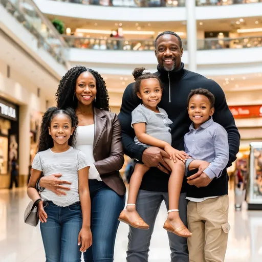 Prompt: A black couple, age 40 is at the mall with their 5 kids.