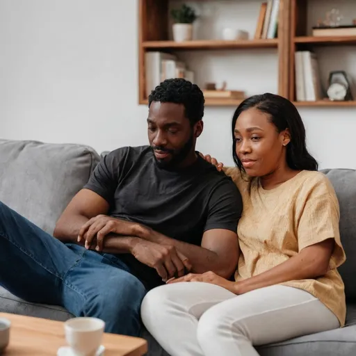 Prompt: A black man is sitting on the couch with his wife.