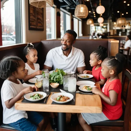Prompt: A black couple, age 40 is at the restaurant with their 5 kids.