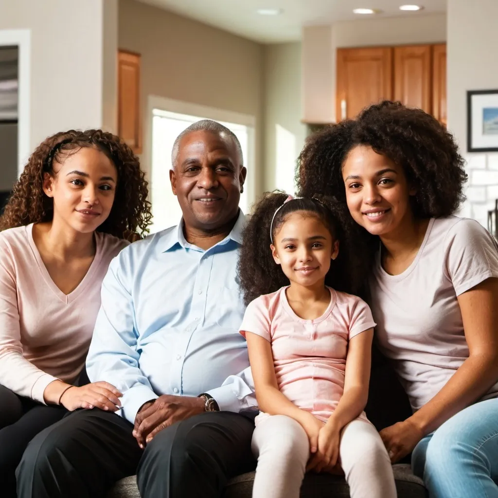 Prompt: A light skinned black female, age 20 is sitting at home. She is with her mom, dad and younger sister.