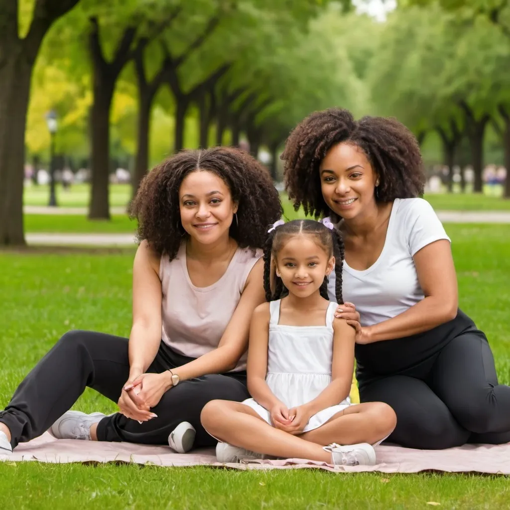 Prompt: A light skinned black female, age 20 is sitting in the park. She is with her mom, dad and younger sister.